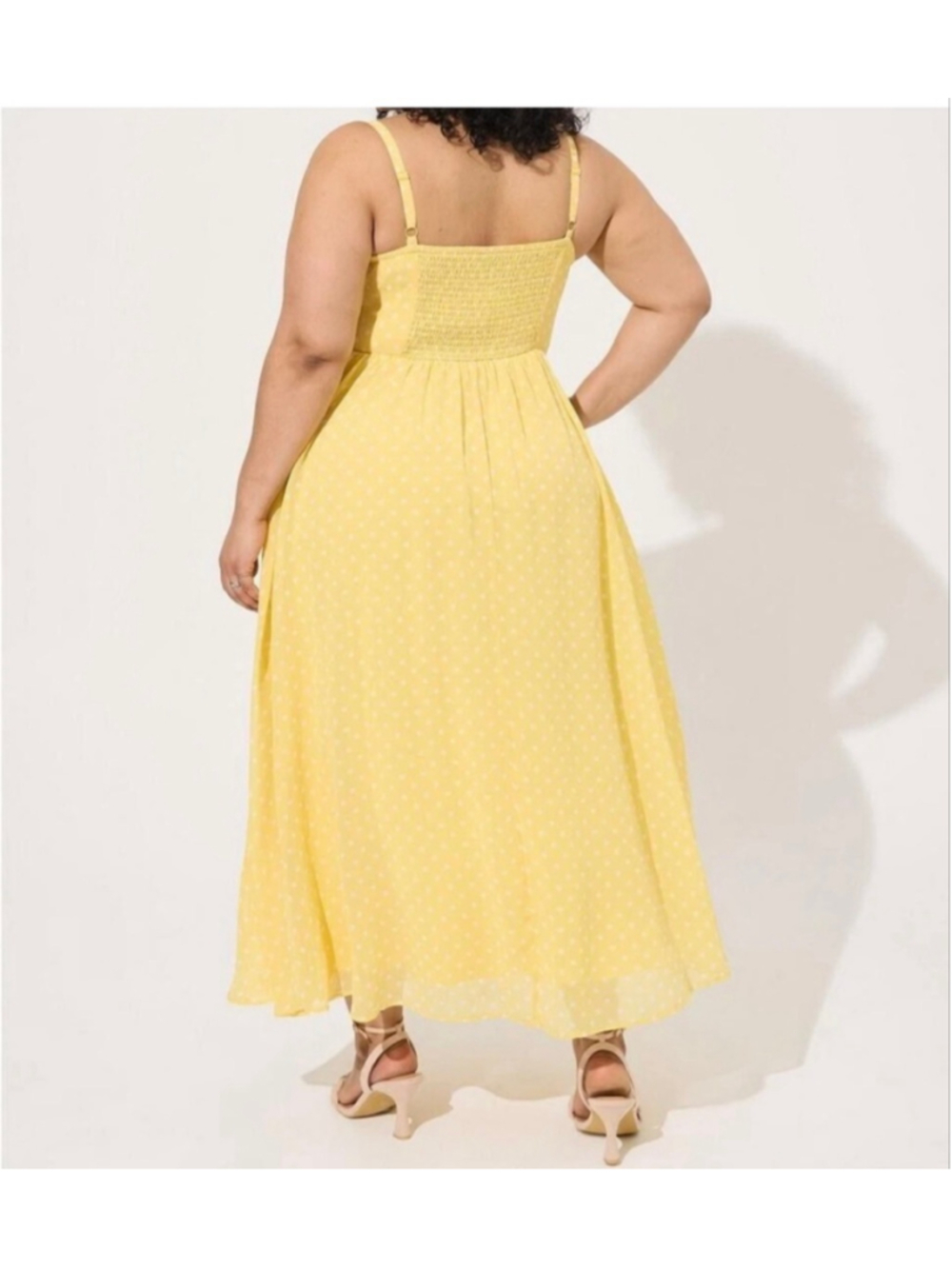 Plus Size Yellow Spotted Midi Dress - Elegant Strappy Summer Style - Picture 5 of 10